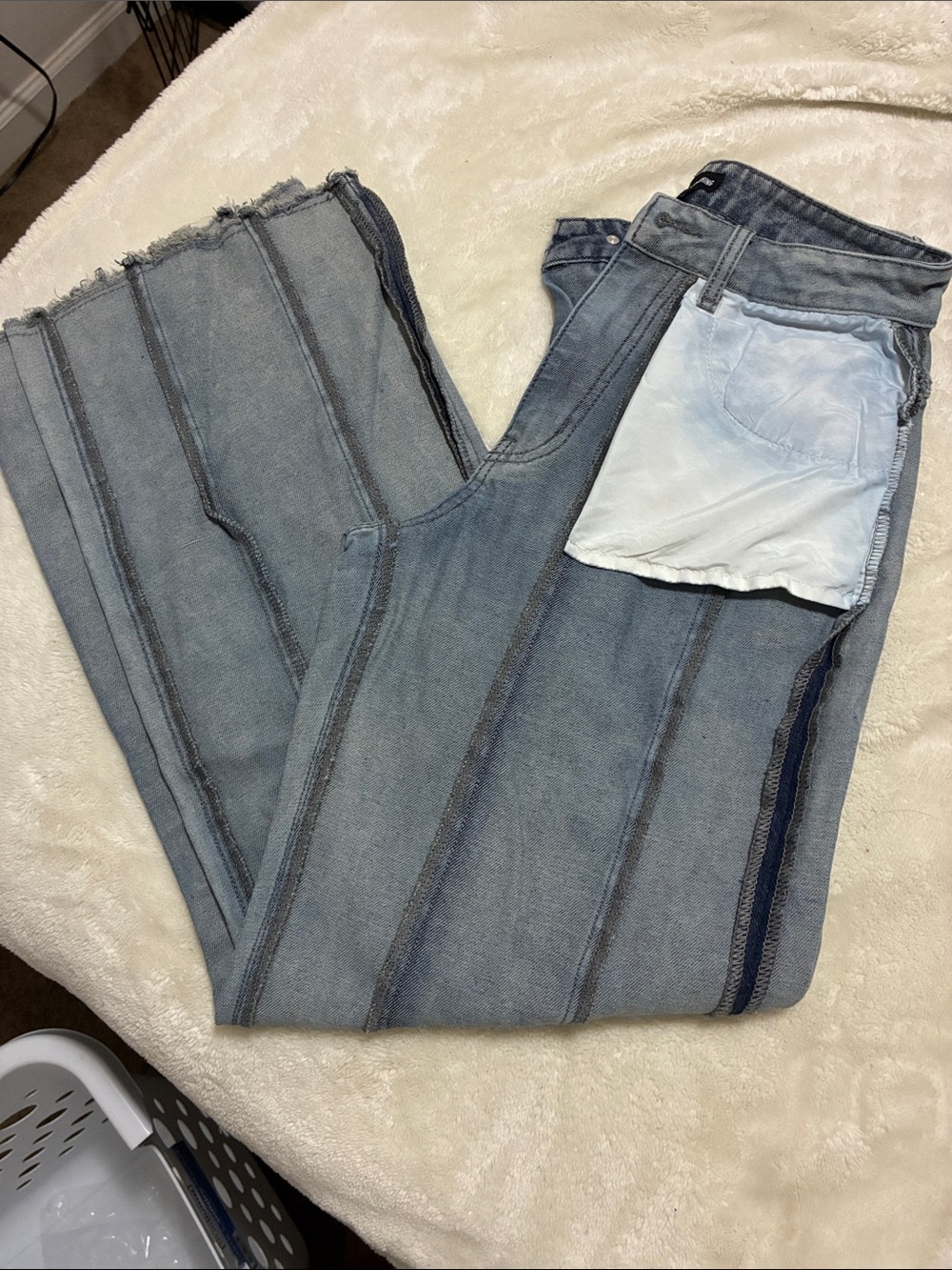 PrettyLittleThing Gray Wide-Leg Inside Out Jeans - Picture 3 of 4